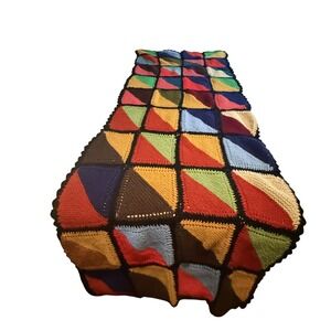 Handmade Crochet Afghan Throw Blanket‎ Multicolor Patchwork Scalloped Edge